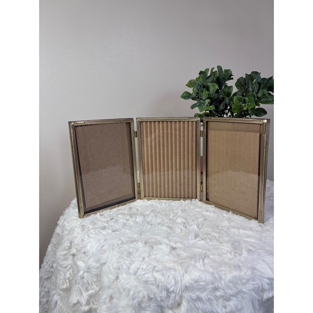 Vintage Gold Metal Triple Folding Picture Frame Triptych Beaded 5x7 Tabletop